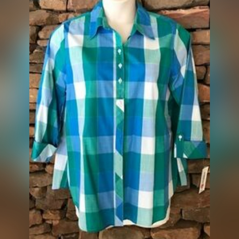 ALLISON DALEY Turquoise and Green White Plaid Womens Shirt With Button UP Sz: 14